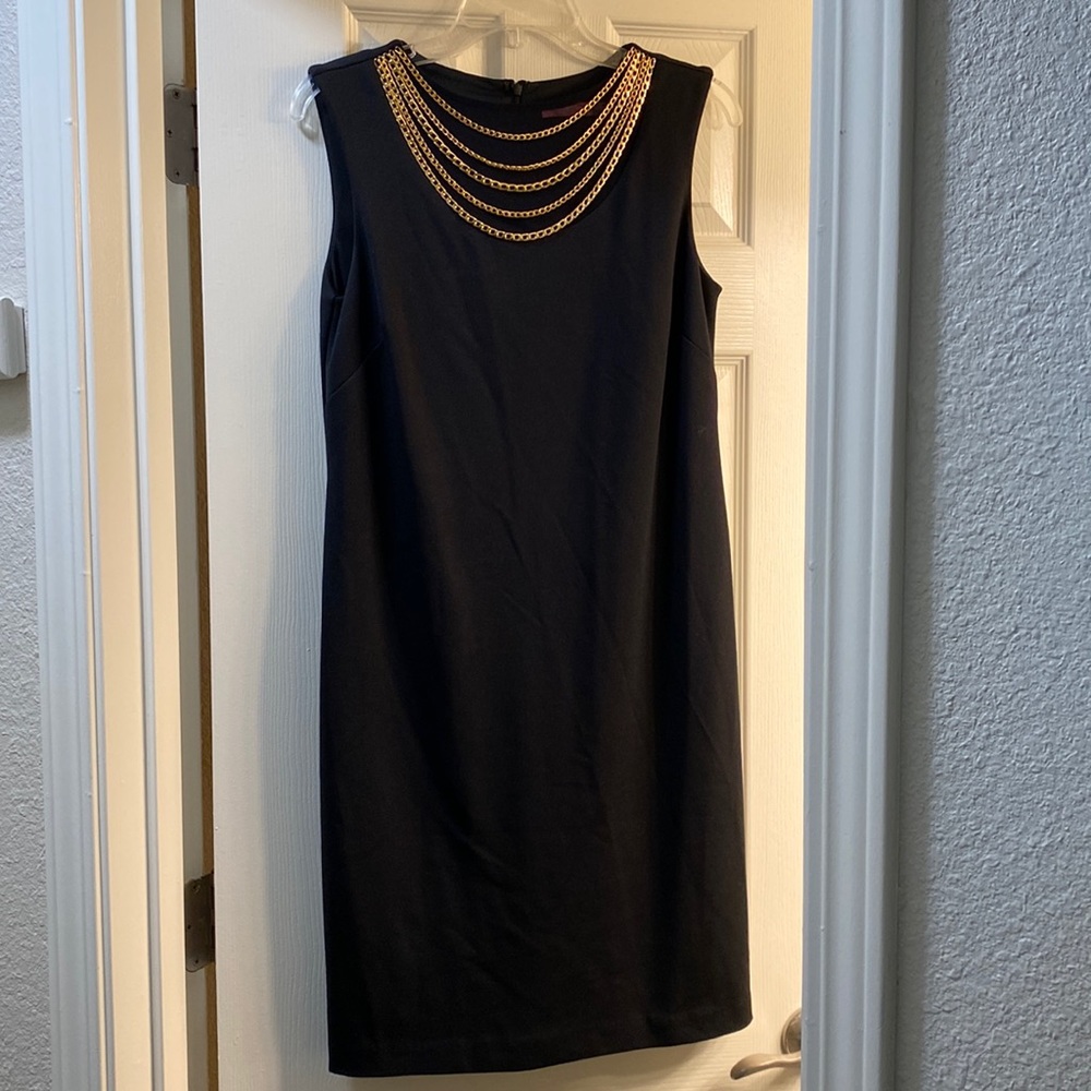 Isaac Mizrahi black dress with gold chain neckline